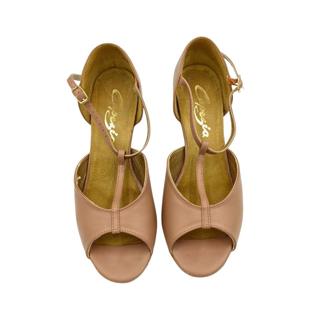 Capezio Dance Shoes Womens 7.5M Split Flex Sandal BR14 2” Taupe Suntan Leather